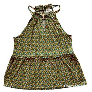 Ann Taylor LOFT  Floral Halter Top  Sz XS  Yellow/Blue/Green Strappy High Collar